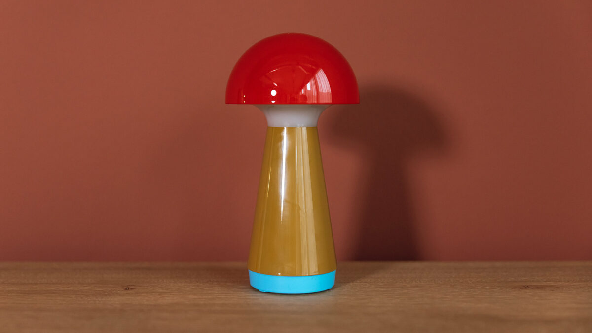 red tan and bright blue lamp