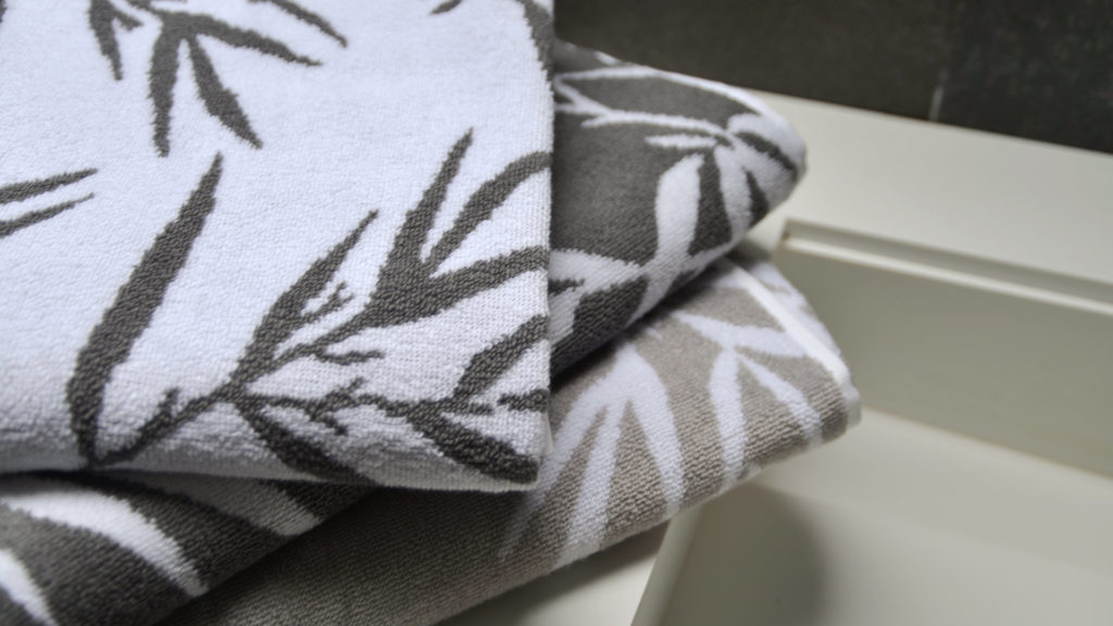 bamboo print towels in granite or warm silver grey