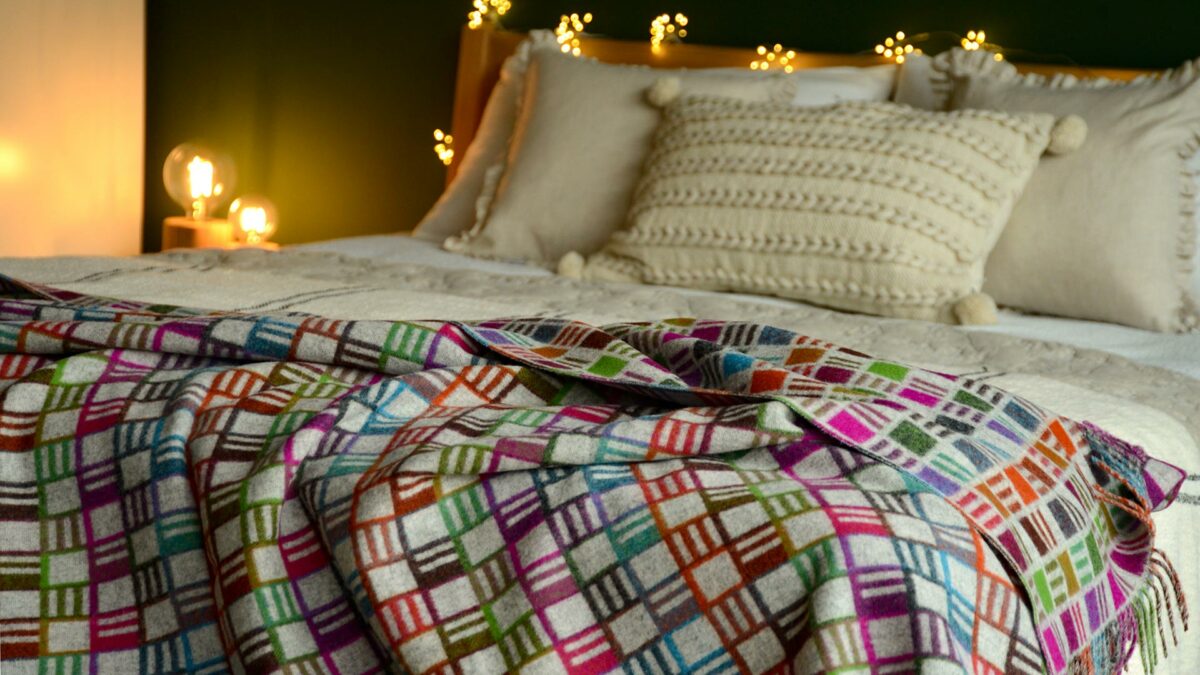 reversible multicolour and grey throw