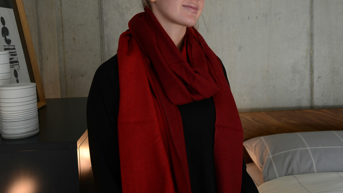 reversible red lambswool scarf on maddie