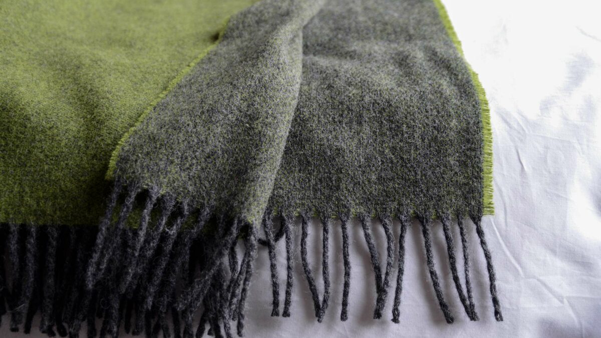 reversible wool blanket in charcoal and green