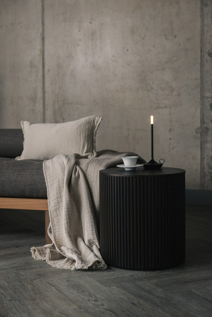 roller storage table with wick lamp and Kyoto daybed