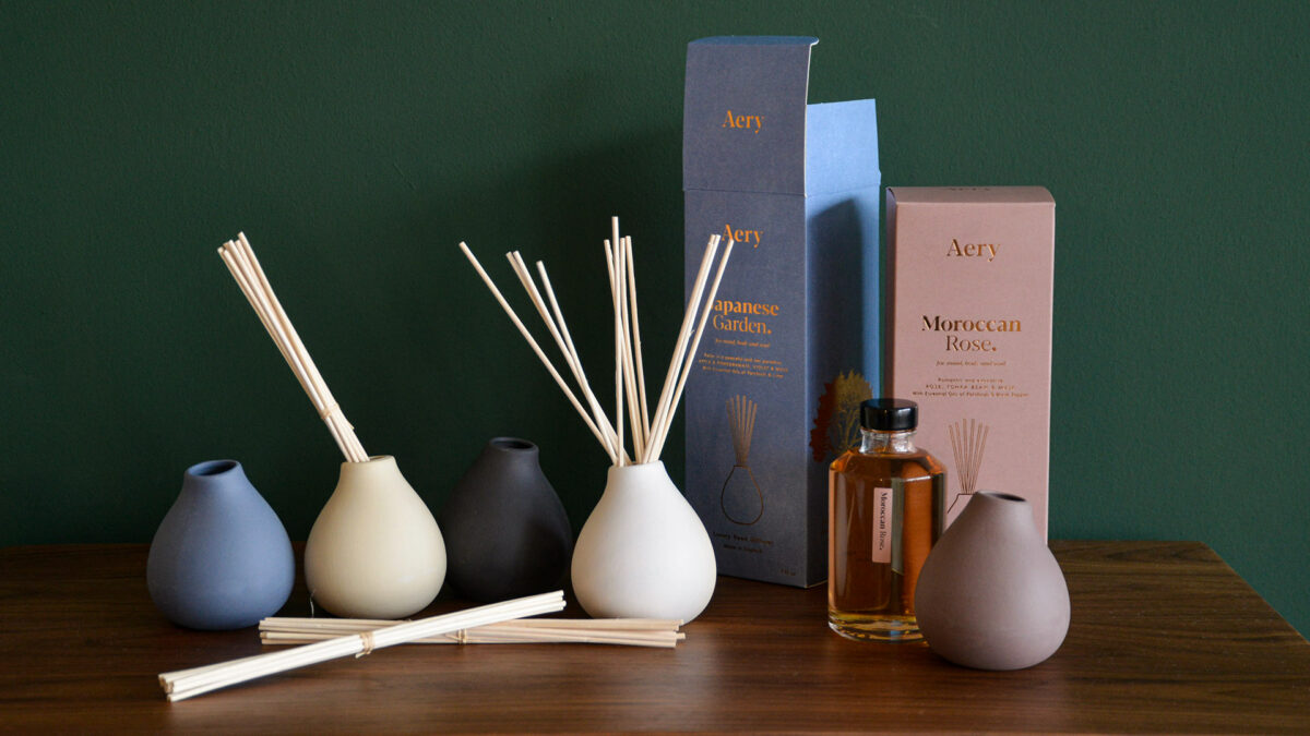 Luxury room scent diffusers with ceramic pots and in a range of scents and colours