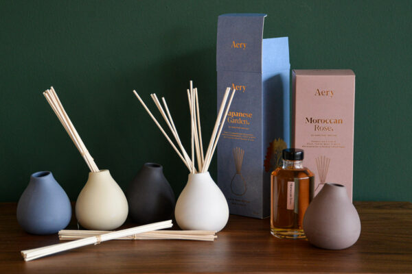 Luxury room scent diffusers with ceramic pots and in a range of scents and colours