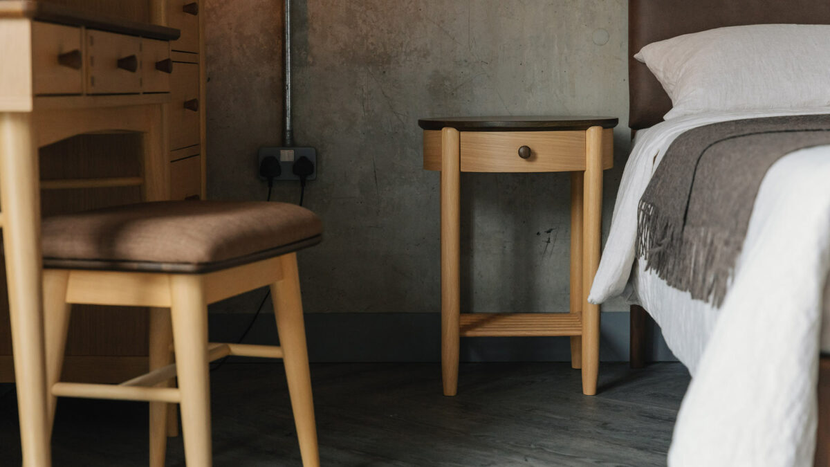round oak bedside table with stained oak top