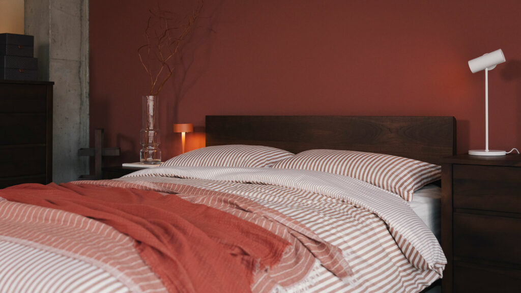 rust and white striped bedding