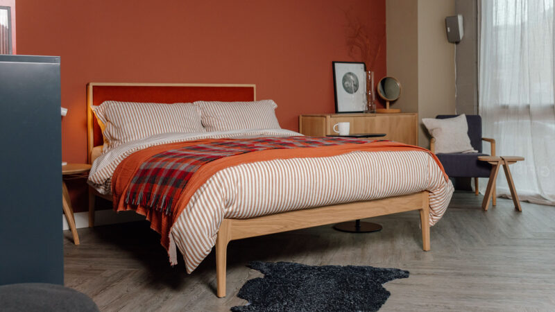 rust red bedroom set Carlisle solid oak bed with upholstered headboard 1
