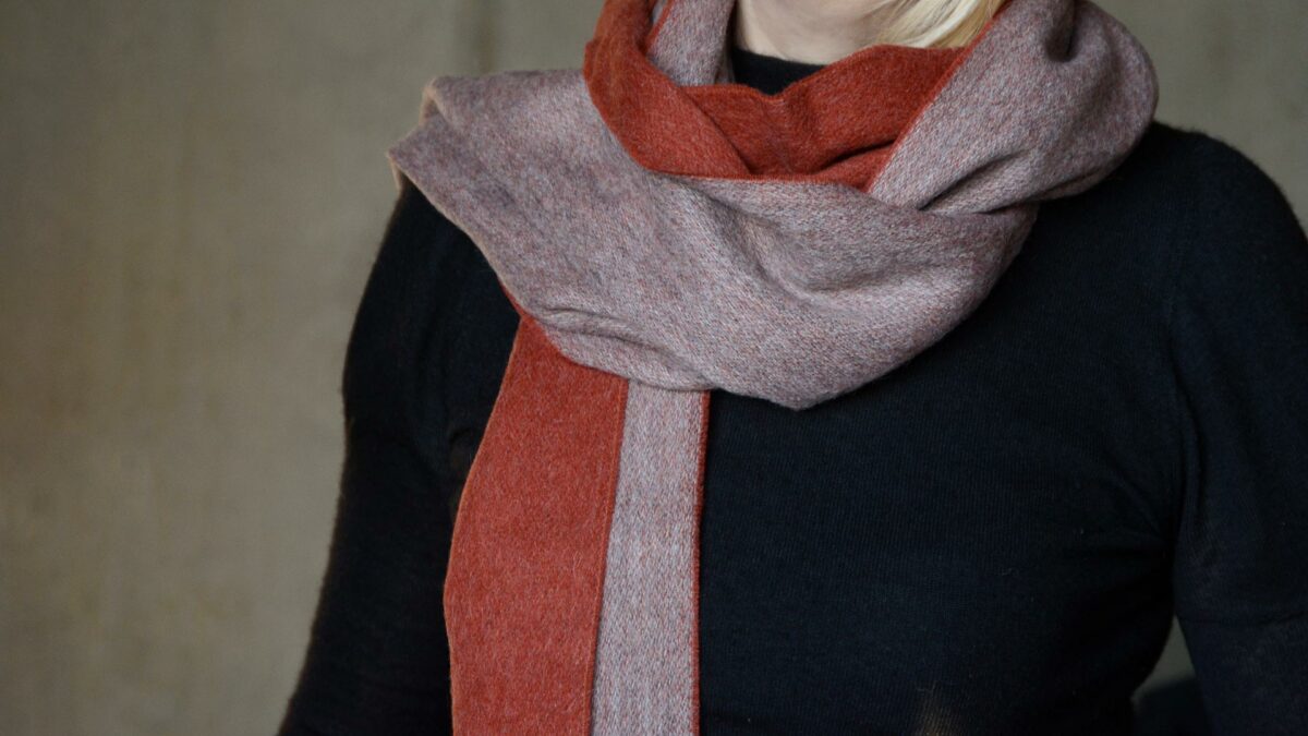 softest alpaca wool scarf in rust and lavender grey