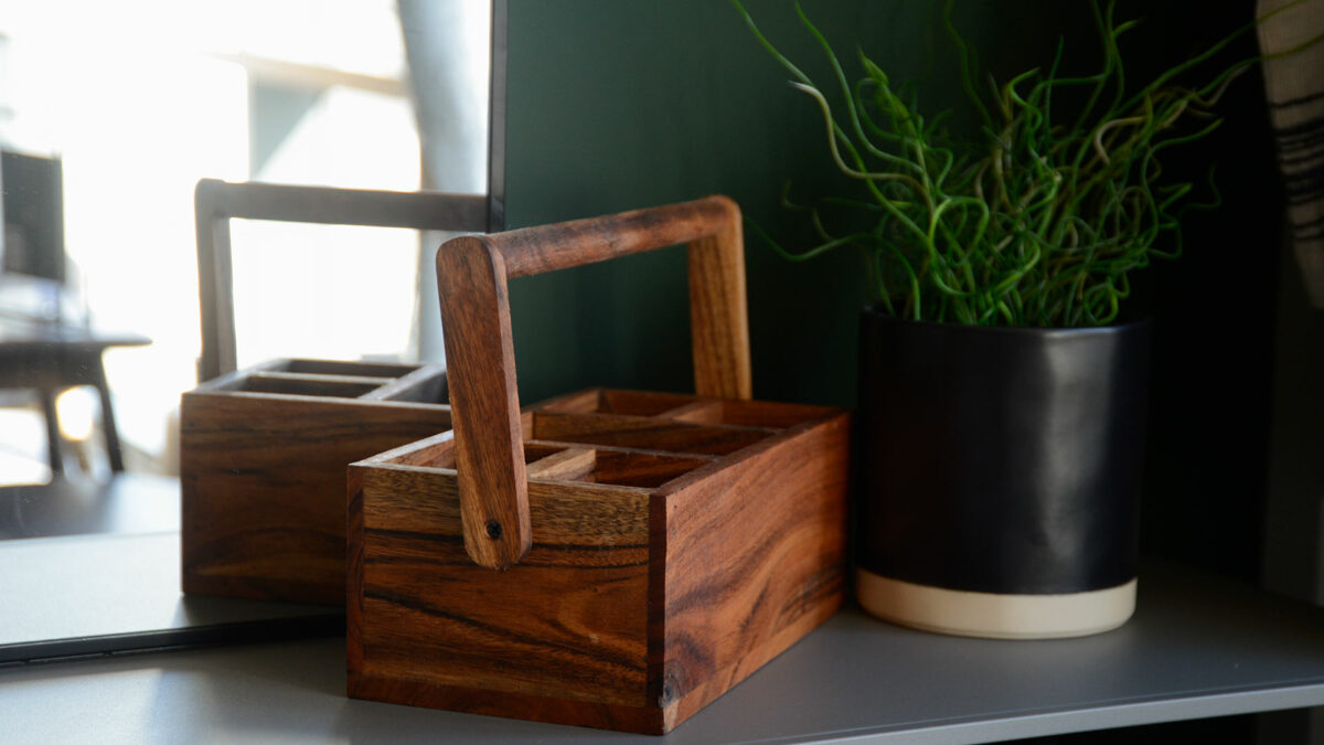 rustic wooden caddy