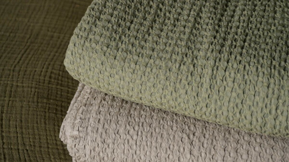 sage and beige waffle throws