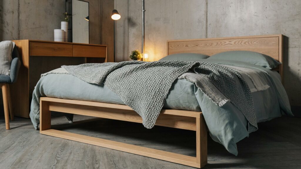 organic linen bedding in pale Sage green shown on an Oak Leith bed