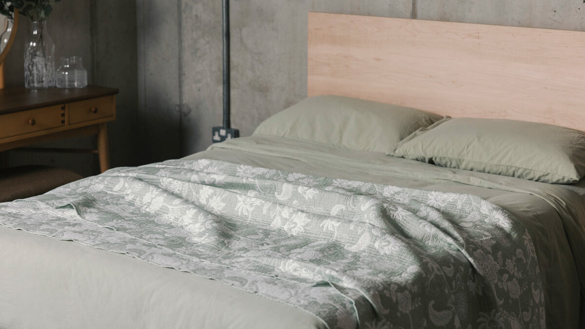 sage green stoewash bedding with jacquard bedspread