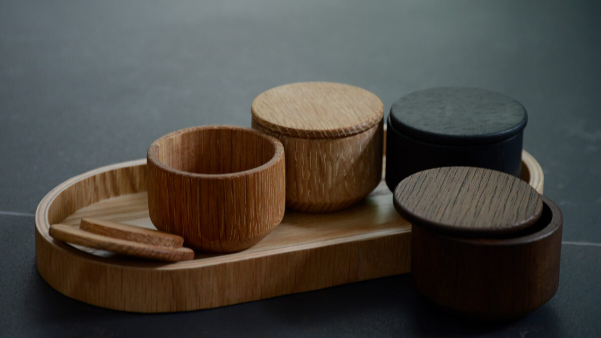 salts pots with small oak tray