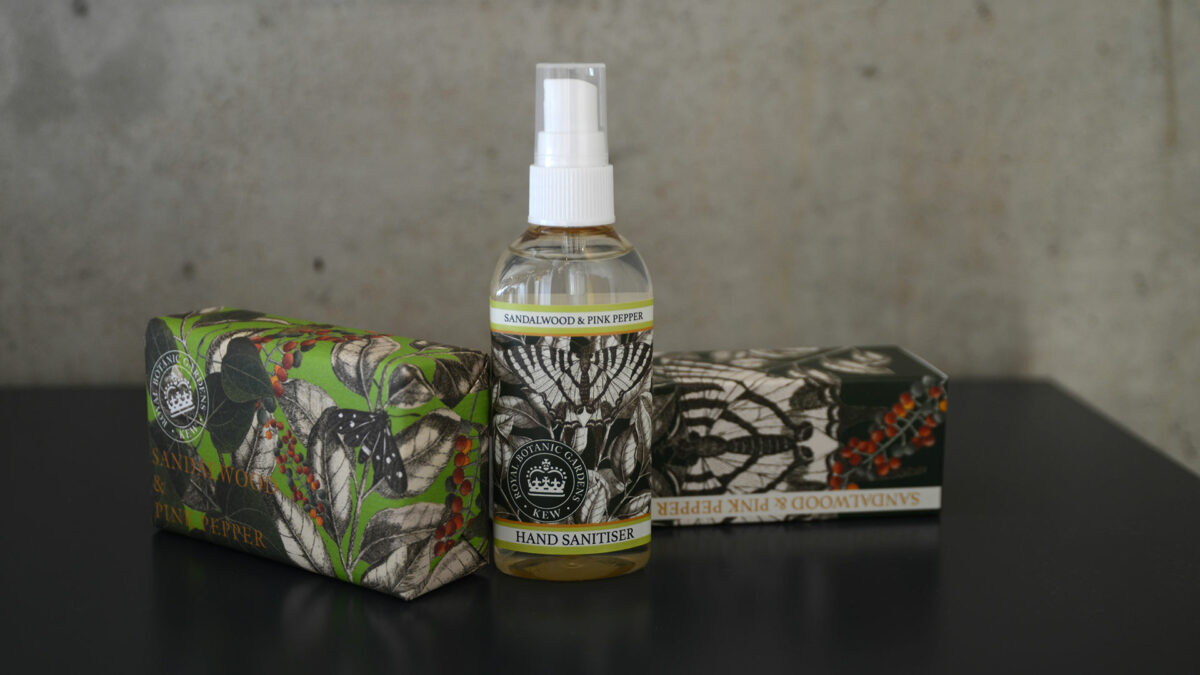 sandalwood and pink pepper hand care set with sanitiser