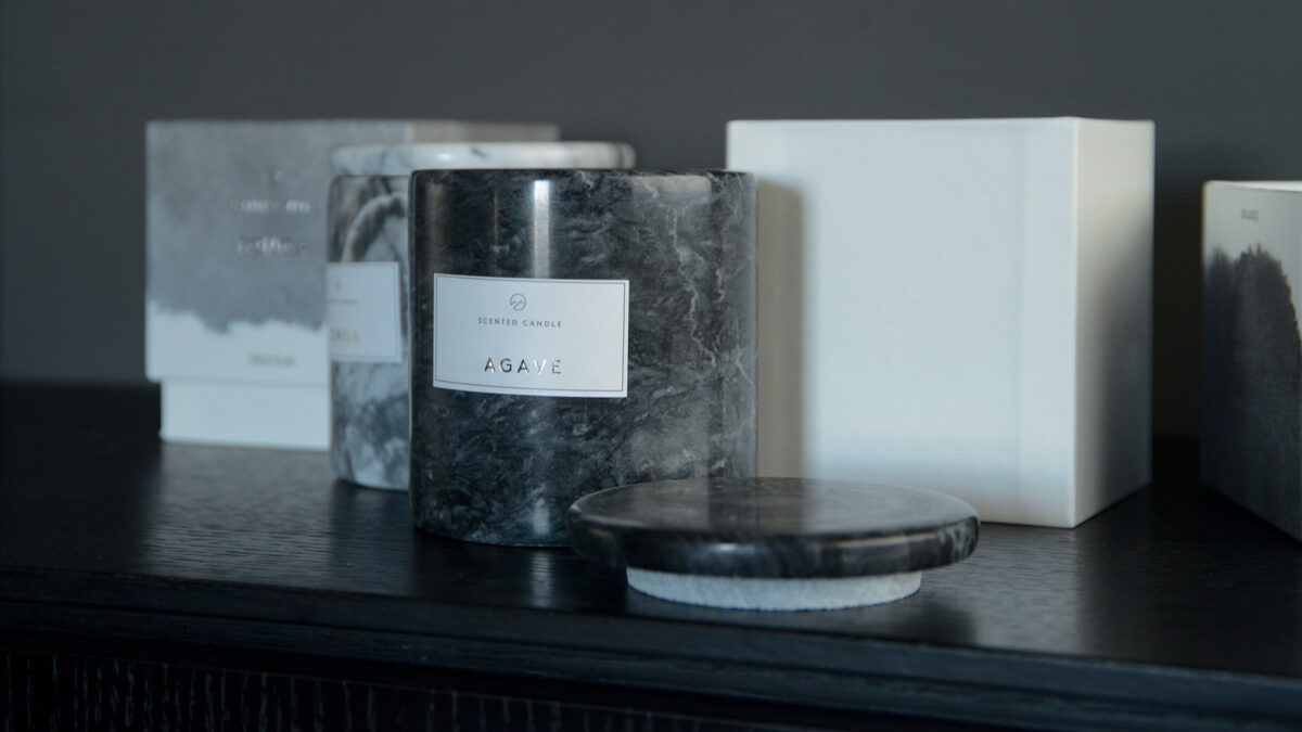 luxury gift-boxed scented candles in a grey marble pots