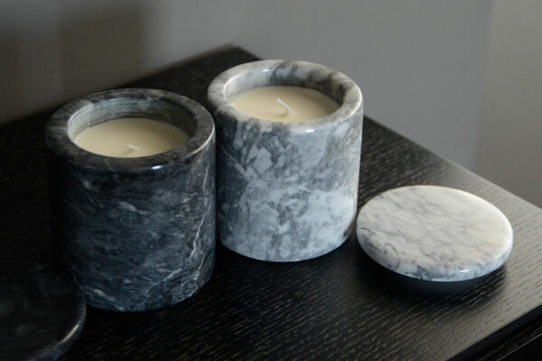 luxury scented candles in grey marble pots