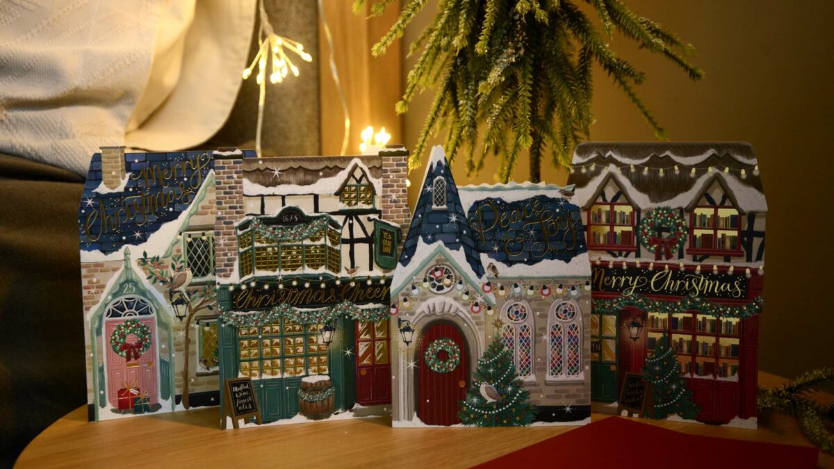 set of 4 christmas buildings cards