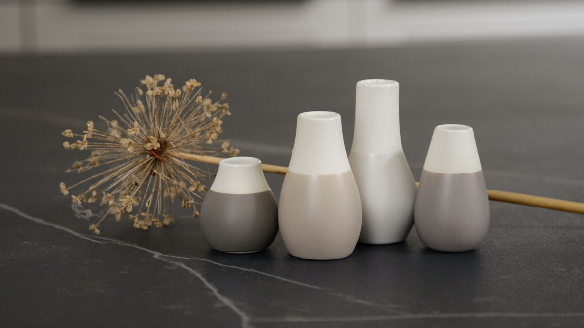 set of 4 mini vases with grey/beige neutral accent colours