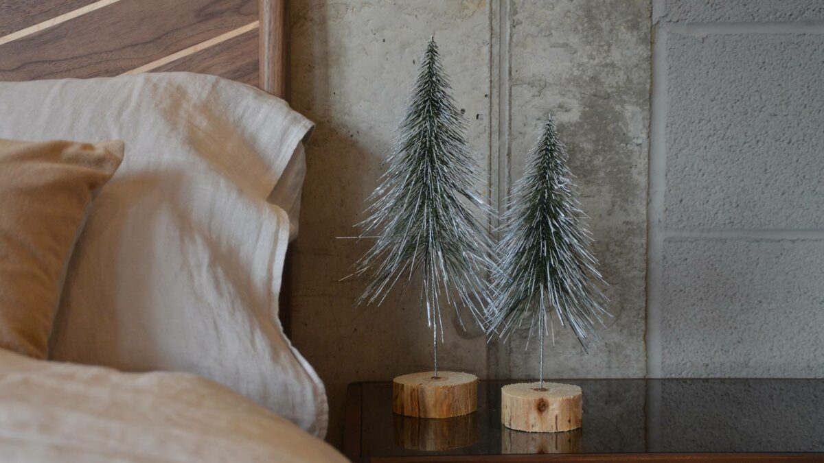 frosted bristle small christmas trees with wood bases