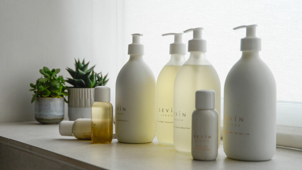 Sevin natural and Paraben-free bathroom toiletries including body wash and body lotion.