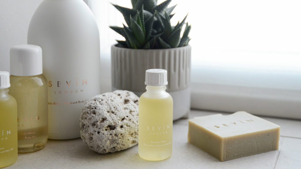 luxury natural and Paraben-free bathroom toiletries including soap, oils and body lotion