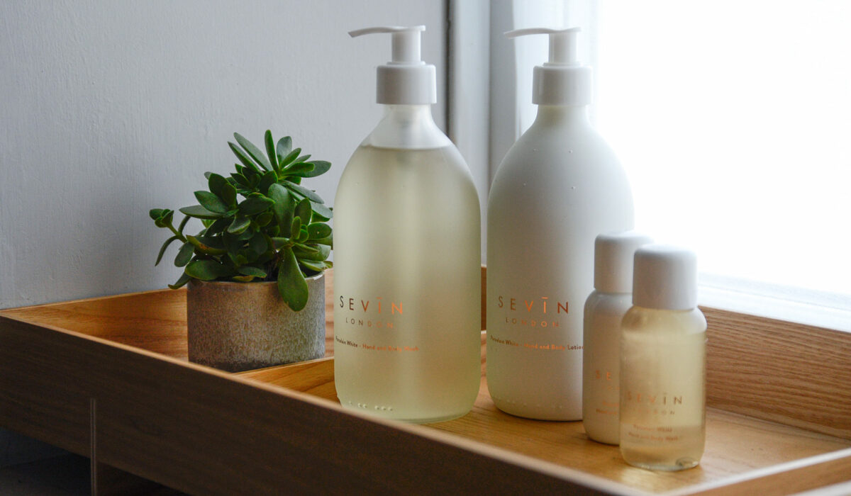 Sevin luxury natural bathroom toiletries including liquid hand soap and hand lotion