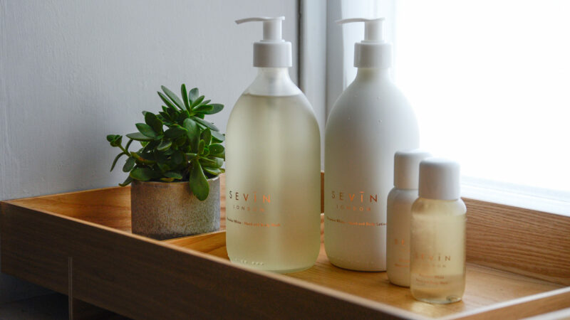 Sevin luxury natural bathroom toiletries including liquid hand soap and hand lotion