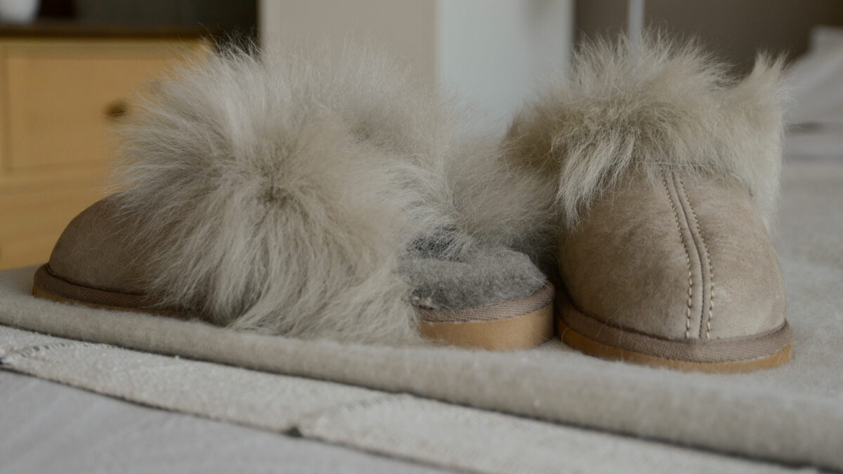 super fluffy open heel sheepskin slippers in fawn