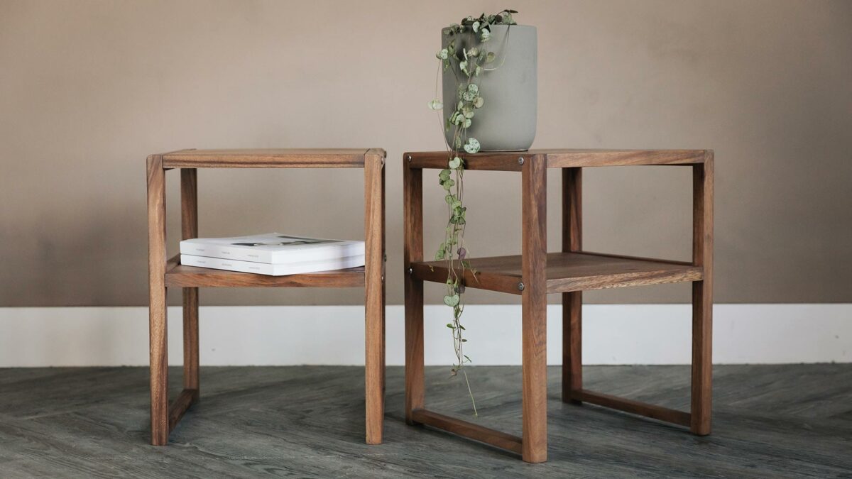 slim dark wood bedside tables with open shelf