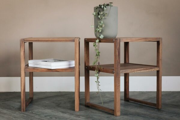 slim dark wood bedside tables with open shelf