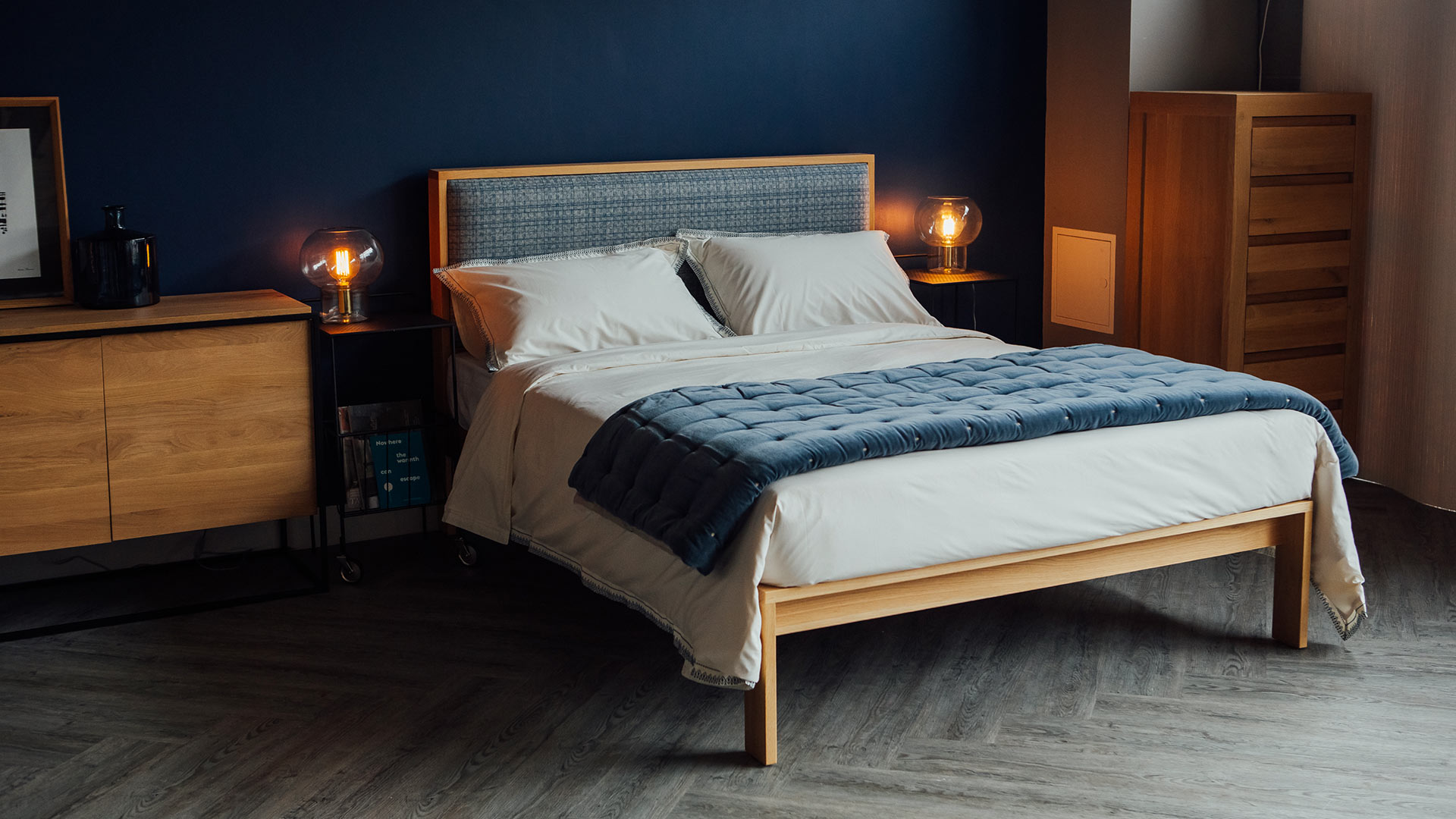 Blue bedroom with Kingsize Shetland Wooden bed in Oak with padded headboard