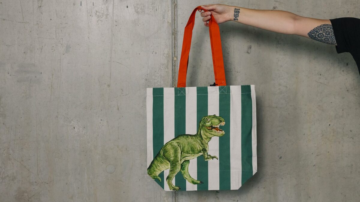 shopping tote bag with T rex print