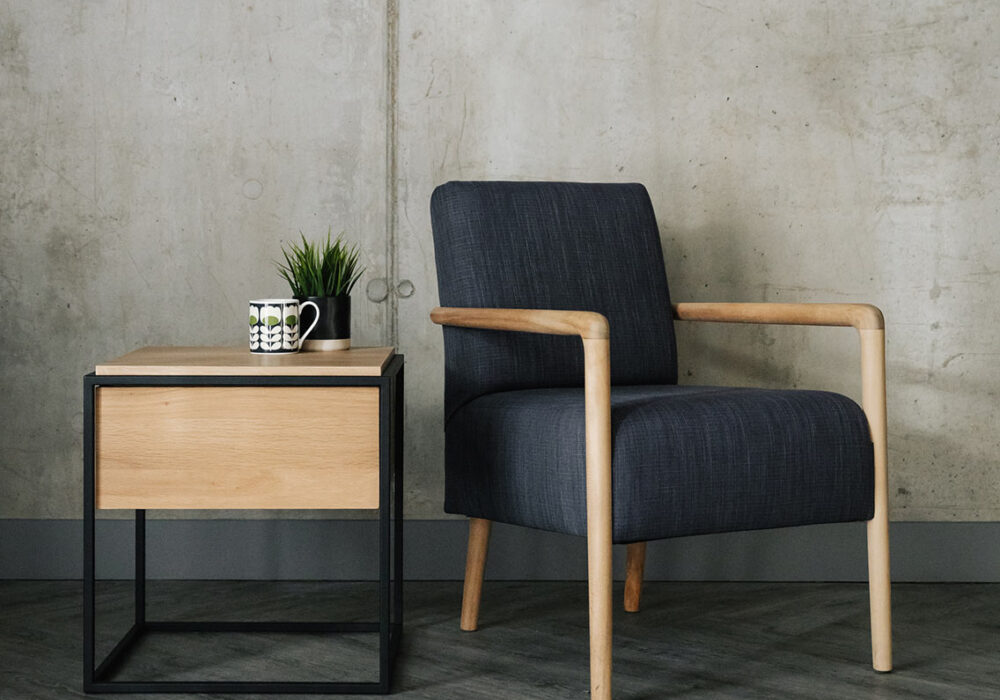 shoreditch armchair and monolit bedisde table 1400