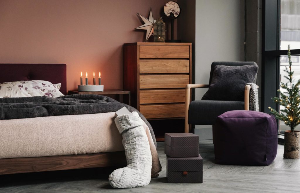 shoreditch armchair and velvet pouf with Iona bed xmas