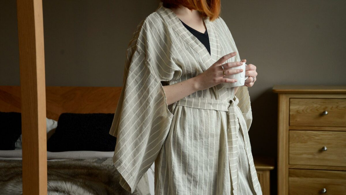 organic linen kimono dressing gown in beige with ivory stripes