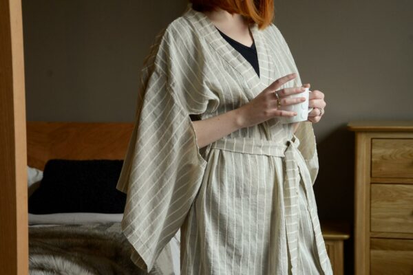 organic linen kimono dressing gown in beige with ivory stripes