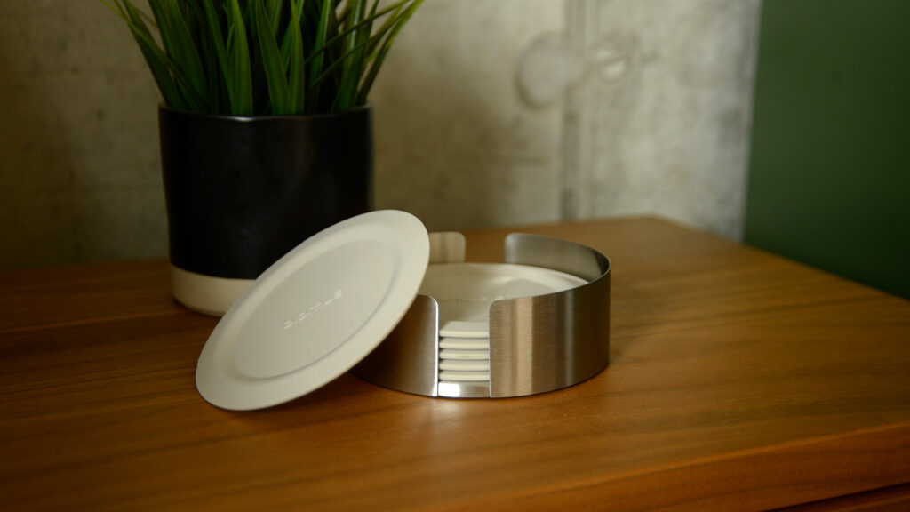 ivory silicone coaster set in stainless steel holder