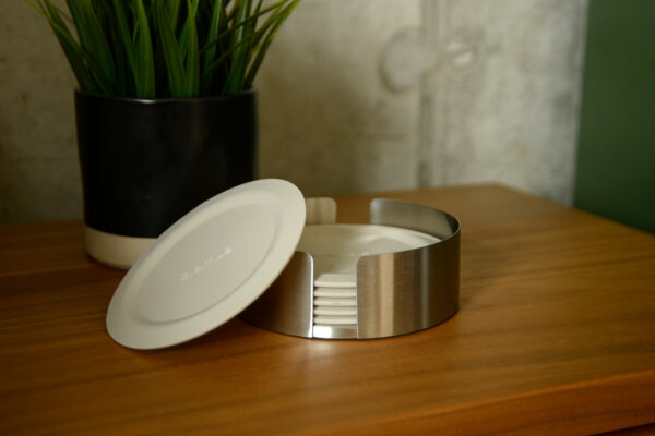 ivory silicone coaster set in stainless steel holder