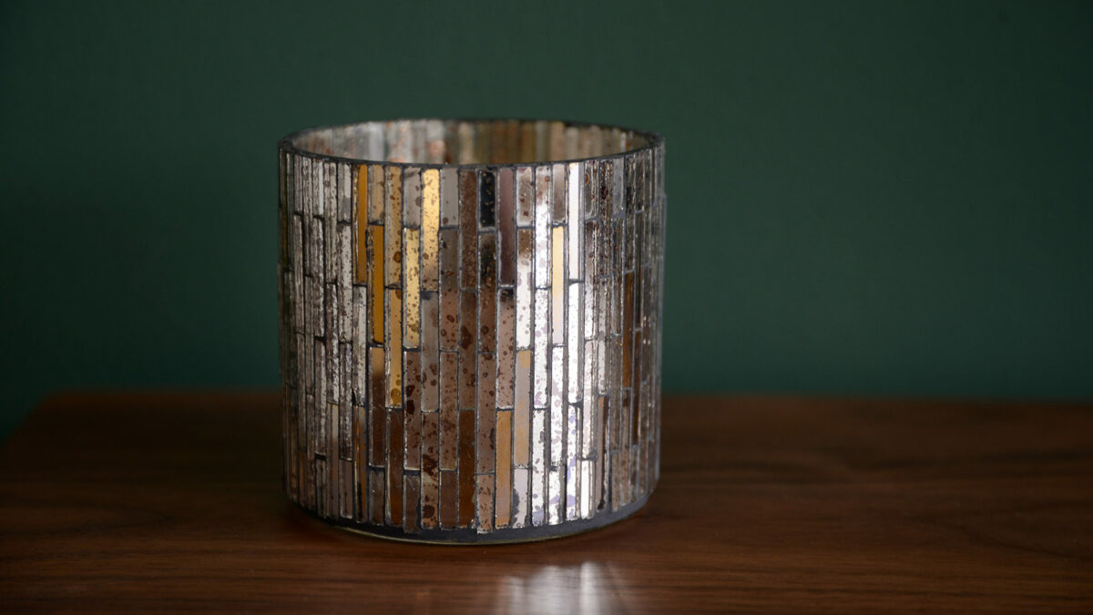 silver and gold mirror mosaic candle holder