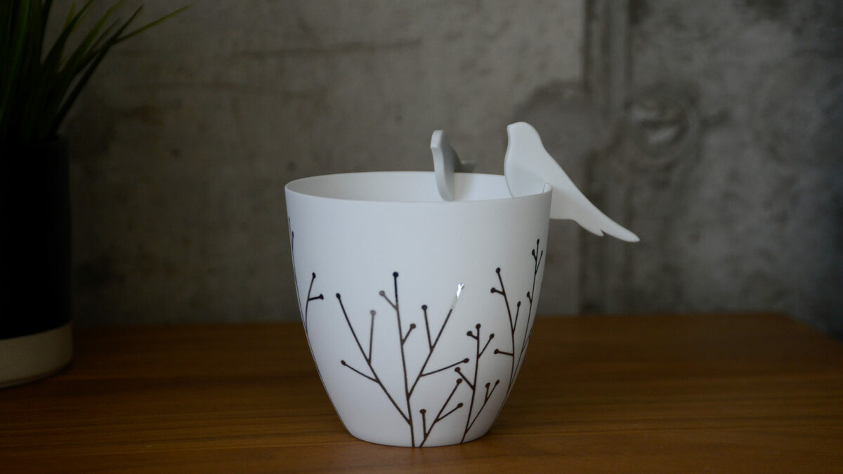 porcelain Candle Holder with silver stems pattern and birds