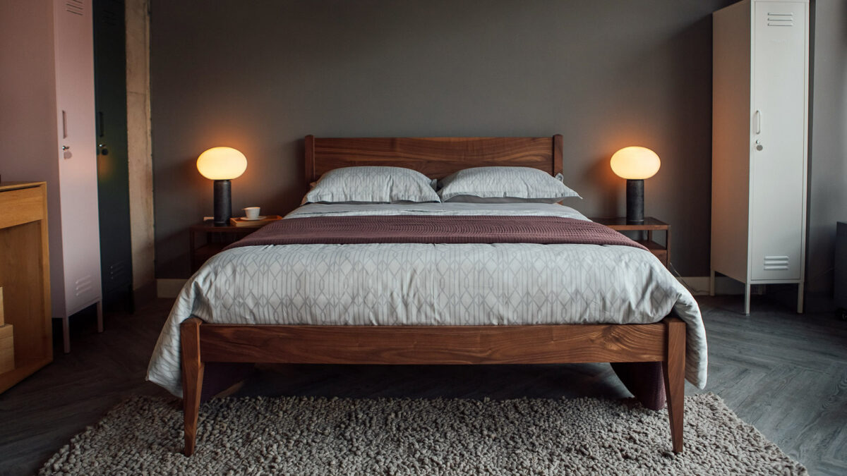 silver gatsby bedding on walnut cochin bed