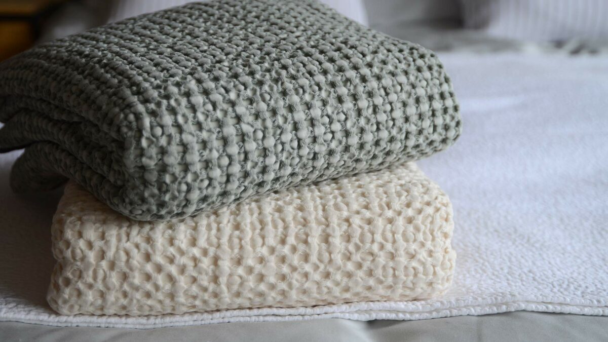 silver grey and warm ivory waffle throws