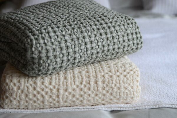 silver grey and warm ivory waffle throws