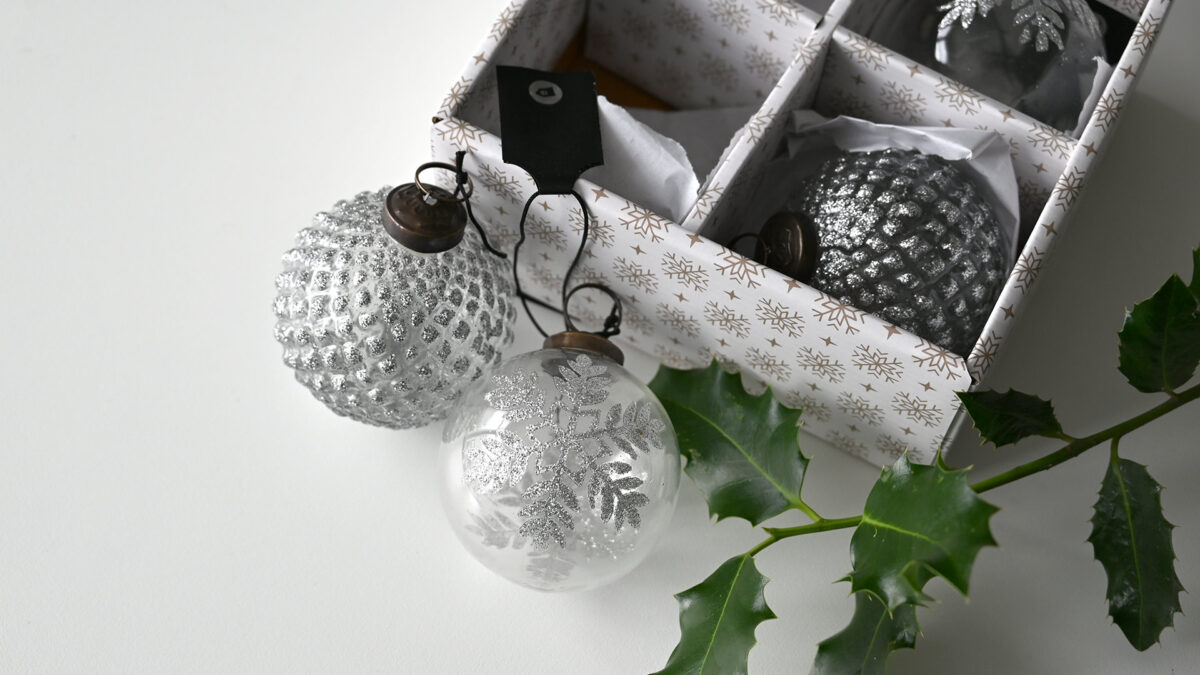 Box of Luxury Glass Christmas Decorations - Sparkling Silver - Image 3