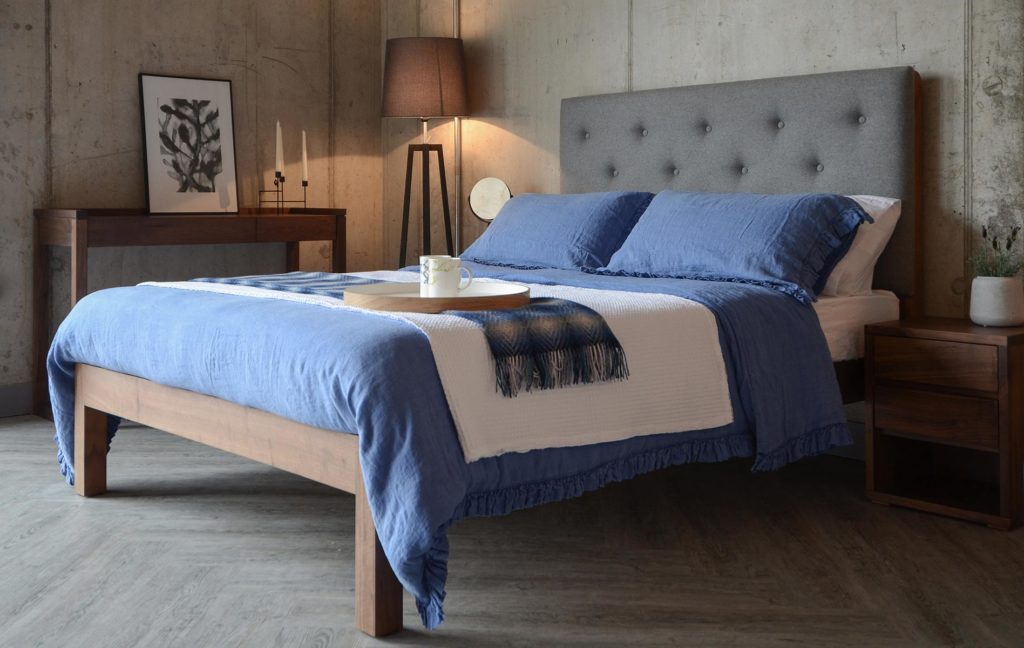 skye bed with blue linen bedding