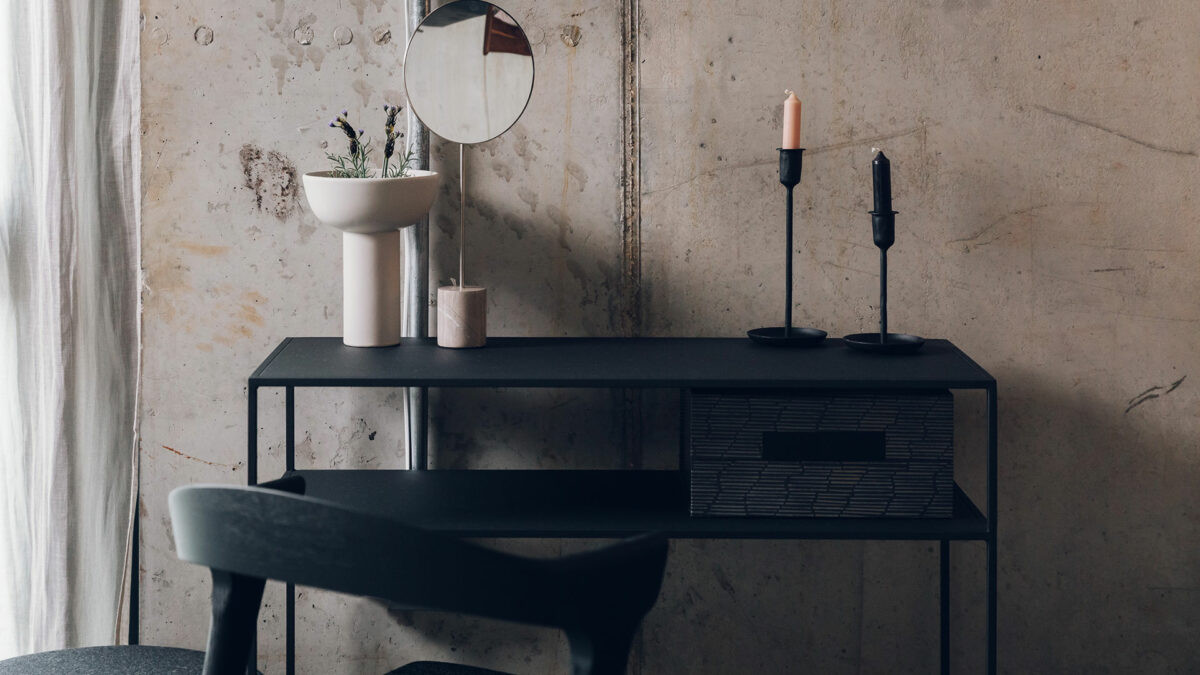 slate black metal side table with lower shelf