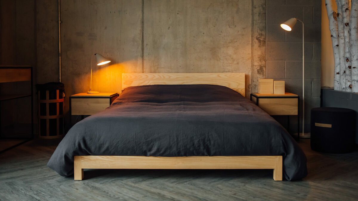 Scandinavian style slate linen bedding on our pale ash low wooden Sonora bed