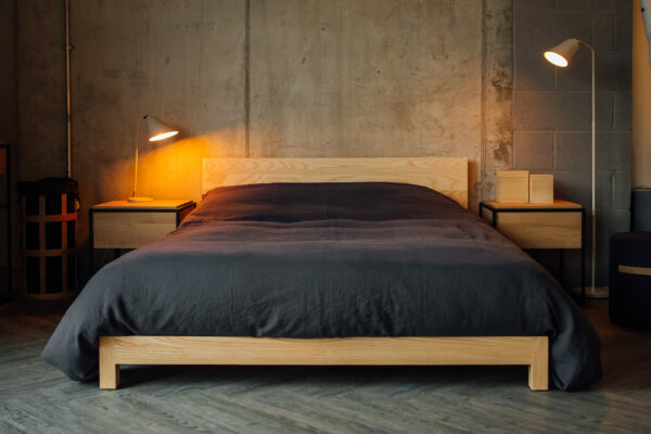 Scandinavian style slate linen bedding on our pale ash low wooden Sonora bed