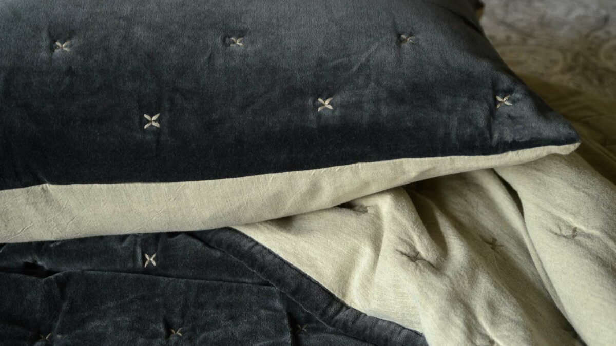 luxury grey velvet bedspread with stitch detail