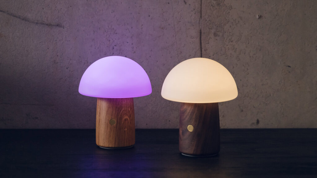 mini LED mushroom lights with colour change or white light and wooden bases